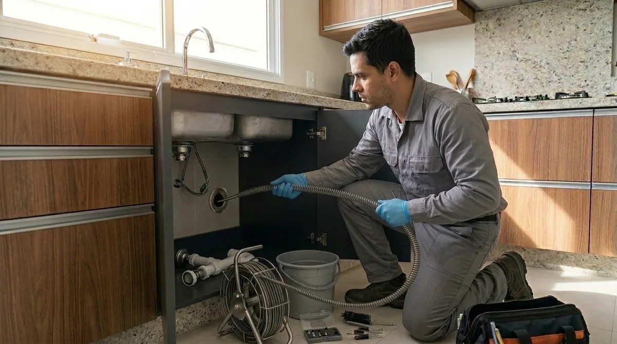 Profissional Hidrofort desentupindo pia de cozinha